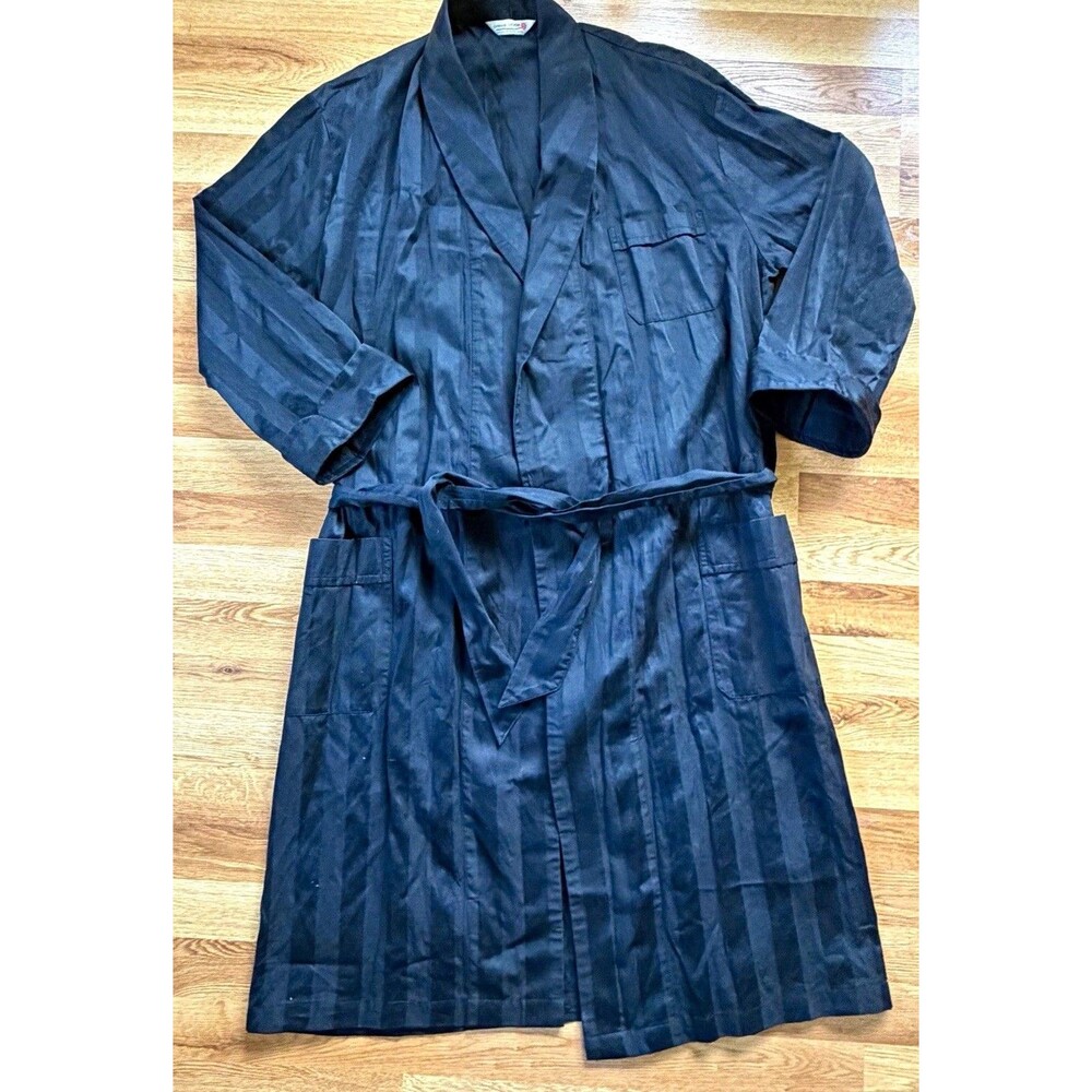 Derek Rose Men's Black Striped Satin Robe Belted Tie Collared Long Sleeve L